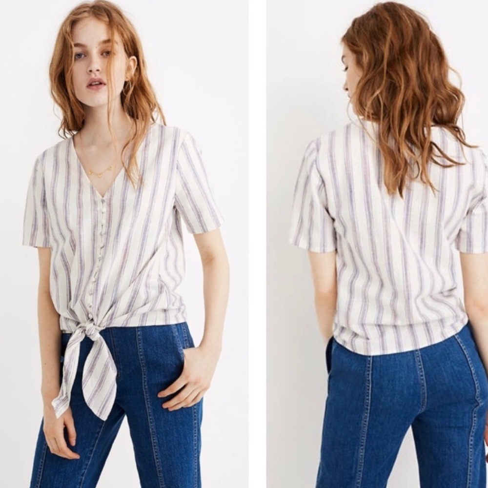 Madewell NWT Agency Tie-Front Button Top Sarasota Stripe Linen Blend Sz L boho